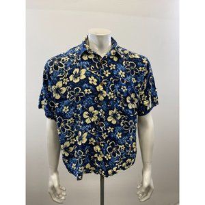 Santa Monica Leisure Men's Rayon Hawaiian Shirt Size Large Blue Yellow Floral